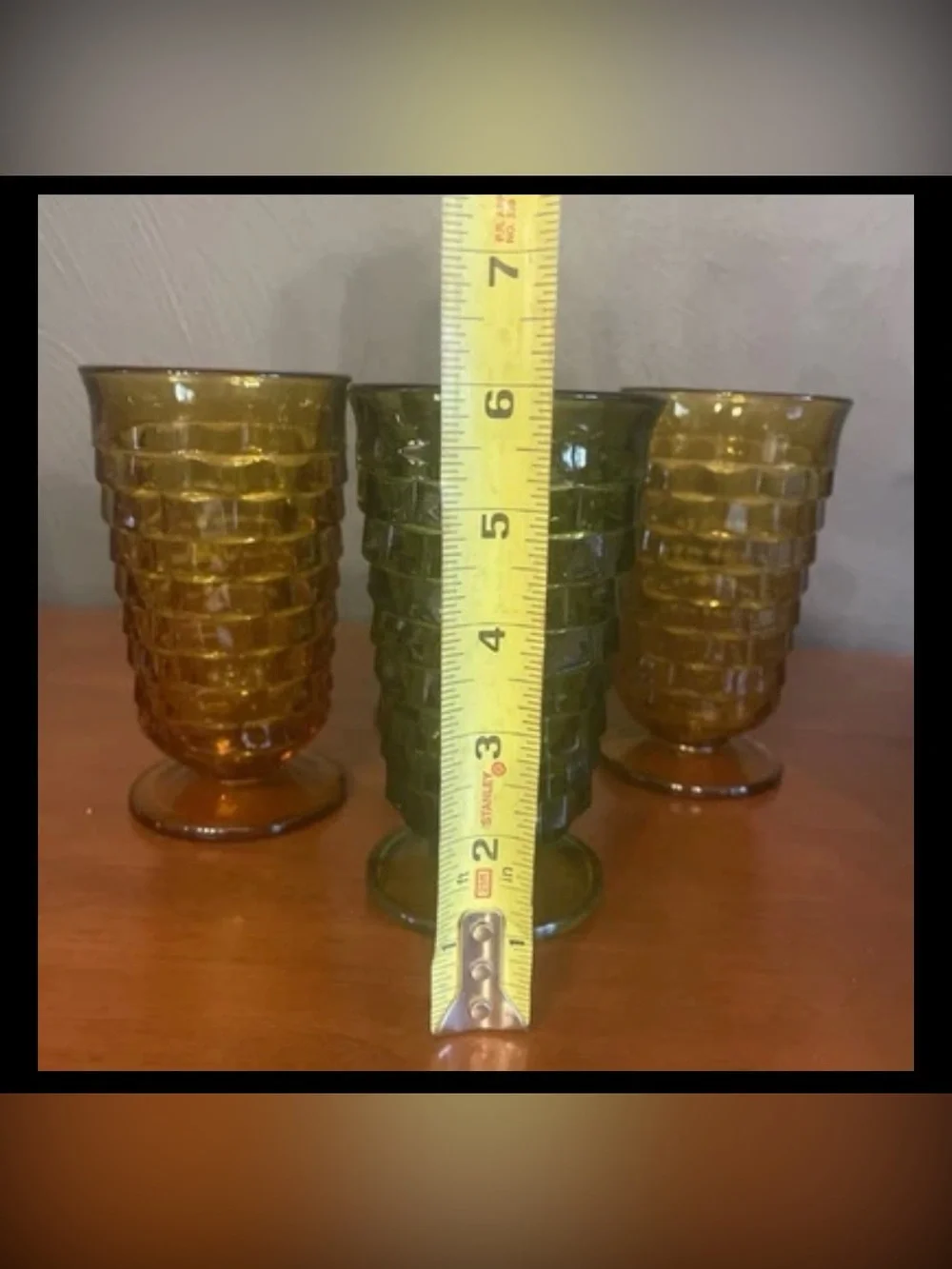 Vintage MCM Indiana Whitehall Cubist 4 Footed Glasses Avacado Green Amber